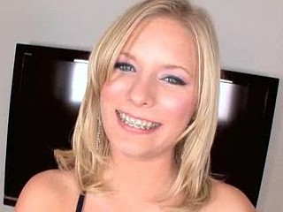 Golden-Haired Legal Age Teenager Wearing Braces Gobbles Down Cum